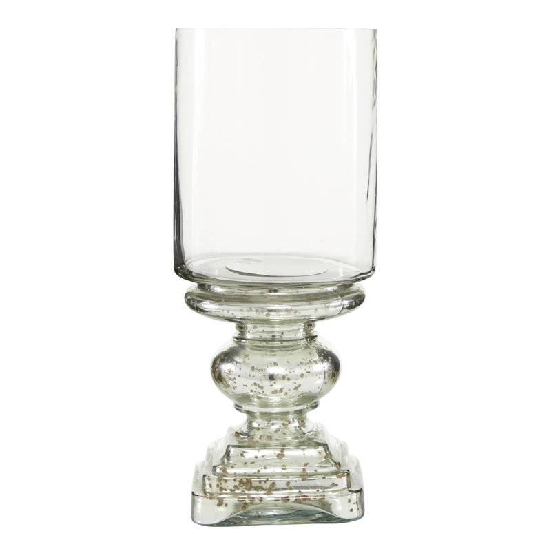 Glass Handmade Turned Style Pillar Silver Hurricane Lamp with Faux Mercury Glass Finish