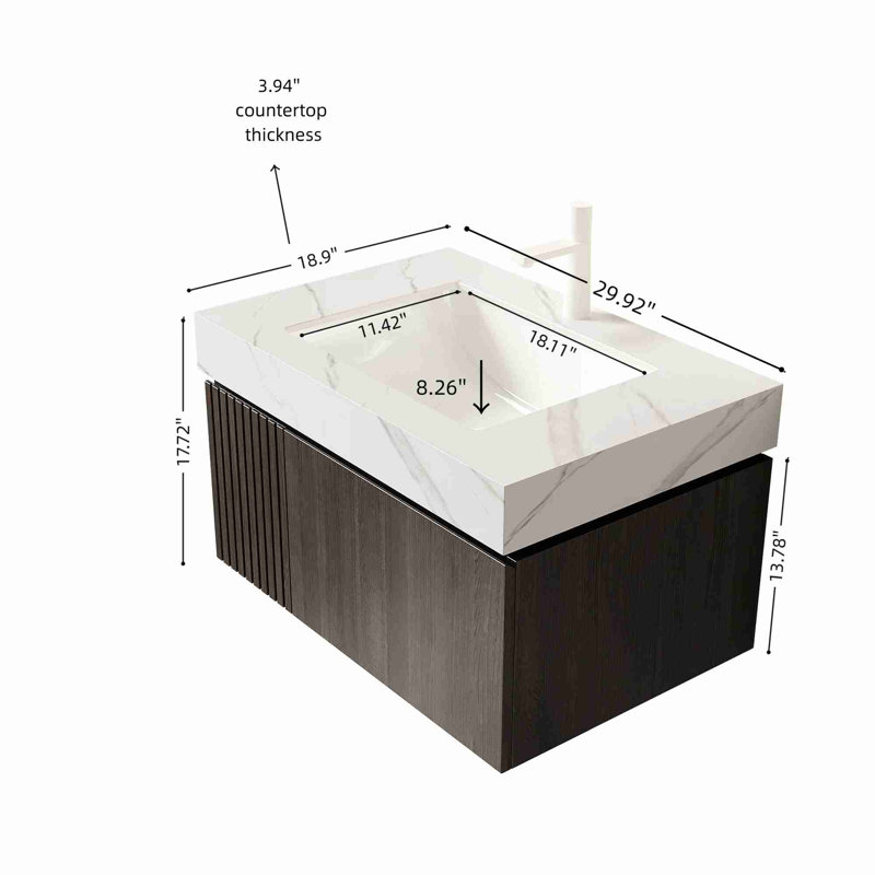 Meuble-lavabo moderne flottant, 30", Espresso, Blanc de Carrare
