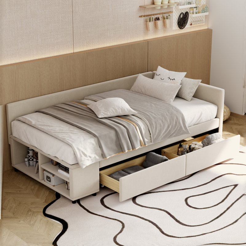 Lit plateforme simple tapissier en forme de L avec rangement et tiroirs, Beige