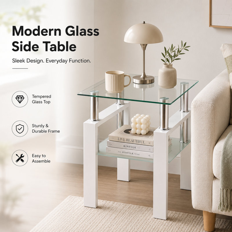 Catasha Glass End Table, 20.5" H x 17.72" W x 17.72" D, Clear/White, 1