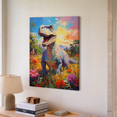 Canvas Wall Art A Digital Painting Of A Friendly Looking Dinosaur Likely A T Rex Standing In A Vibrant Premium Quality Ready To Hang