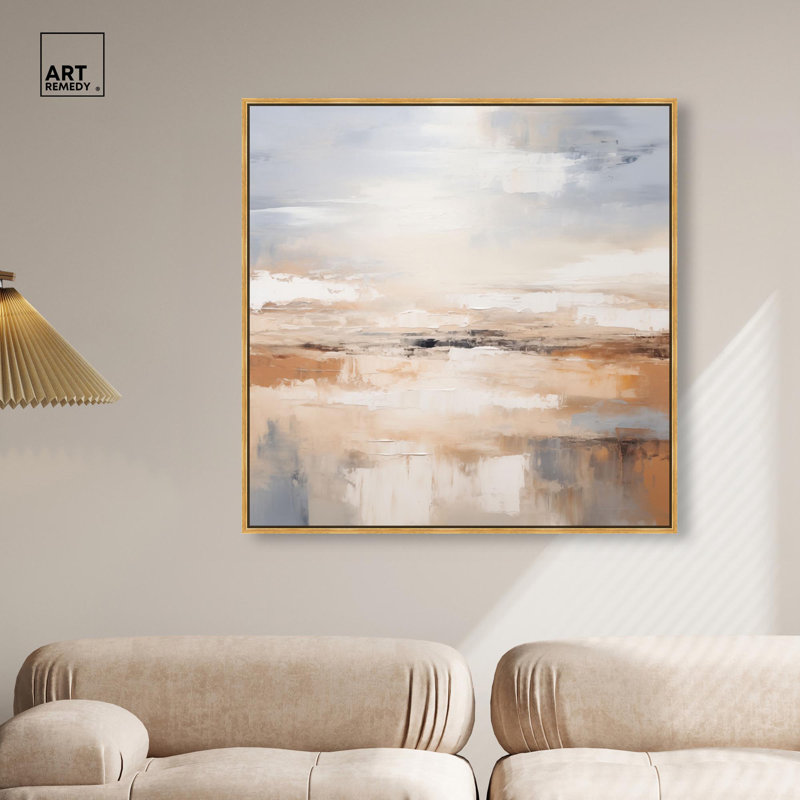 "Coastal Calm", art abstrait neutre par , H 41 po x l 41 po, Cadre flottant doré