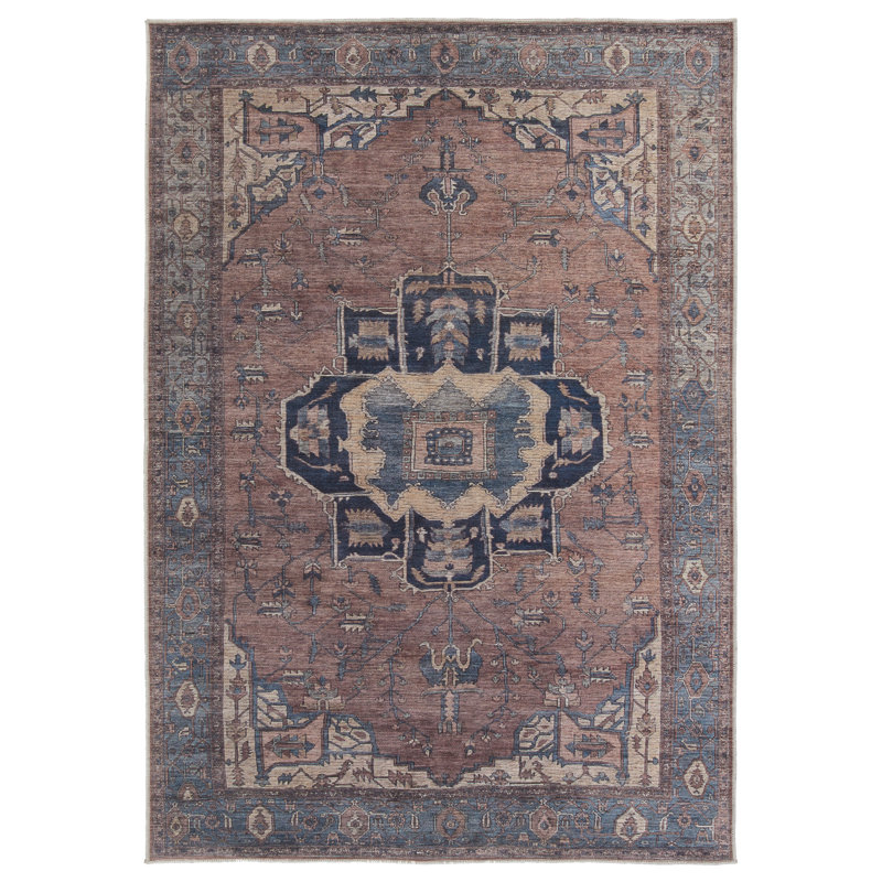Beesley Machine Washable Blue/Dark Brown Rug, Rectangle 5'3" x 8'