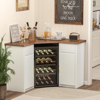 Corner Bar Cabinet with Fridge Space, Corner Coffee Bar Station with Storage, L Shaped Liquor Wine Cabinet for Home, White