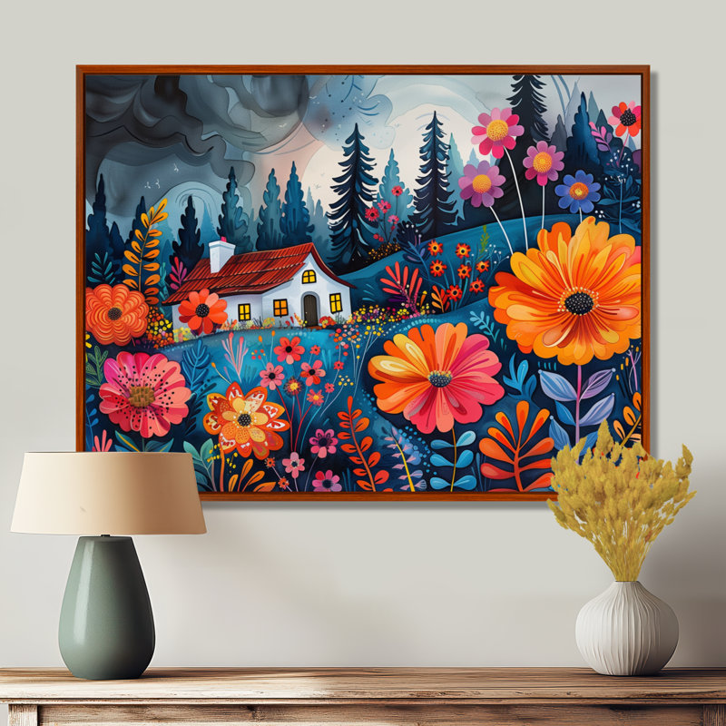 Décoration de jardin ferme orange orange et bleu III - décoration murale de ferme, Cadre flottant brun, H 16 po x l 32 po