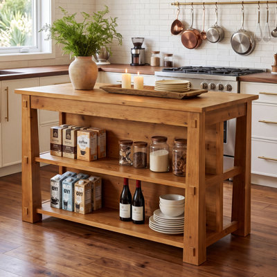 55-Inch Solid Wood Kitchen Island, Farmhouse Bar Table with 3-Tier Open Shelving for Kitchen, Dining Room, and Living Room (Brown)