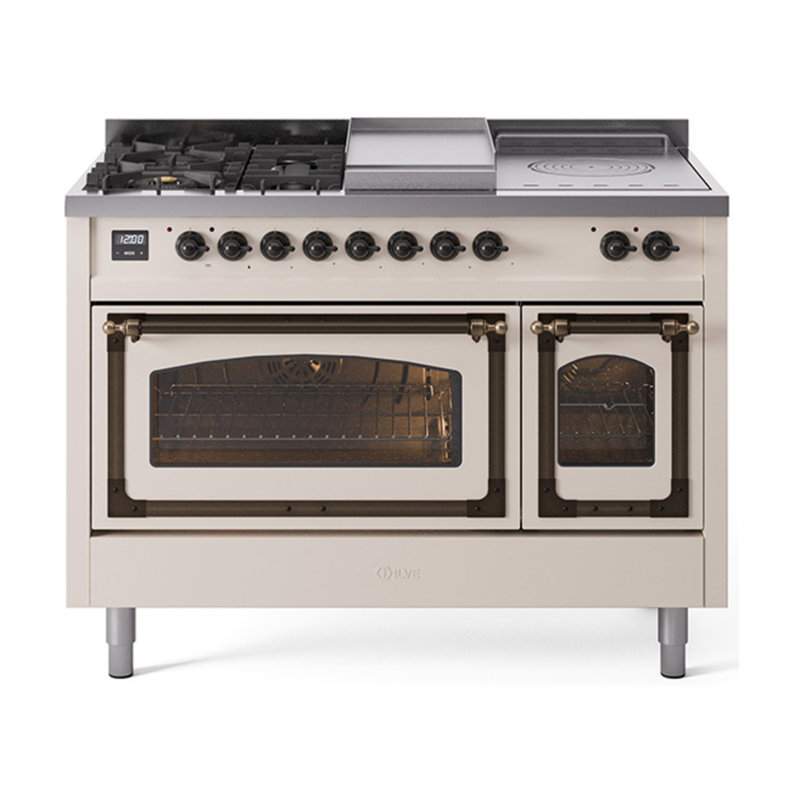 ILVE Nostalgie II Noblesse 48 inch Dual Fuel Range (5 Sealed Burners + Griddle + French Top, Triple Glass Door), Chrome