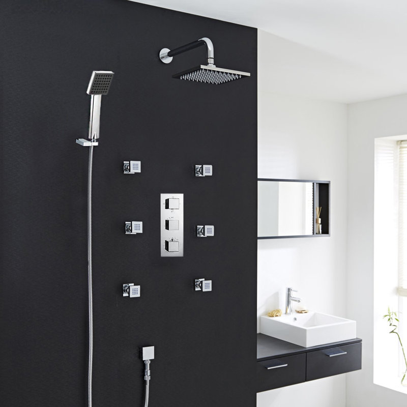 Kiev Chrome Thermostatic Shower System Set Precise Temperature Control with Modern Chrome Finish