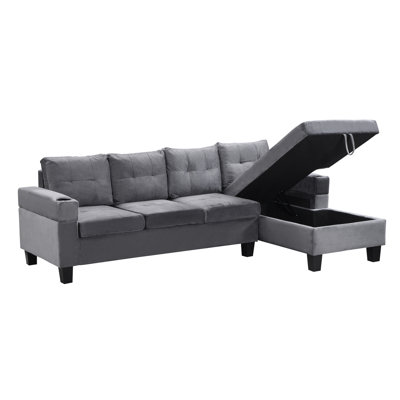 Sectional Sofa Set For Living Room With L Shape Chaise Lounge ,Cup Holder And Right Hand With Storage Chaise Modern 4 Seat (Grey) --Right Chaise With Storage