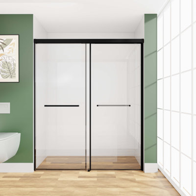 Porte de douche coulissante en verre semi-sans cadre Verre trempé transparent, noir mat