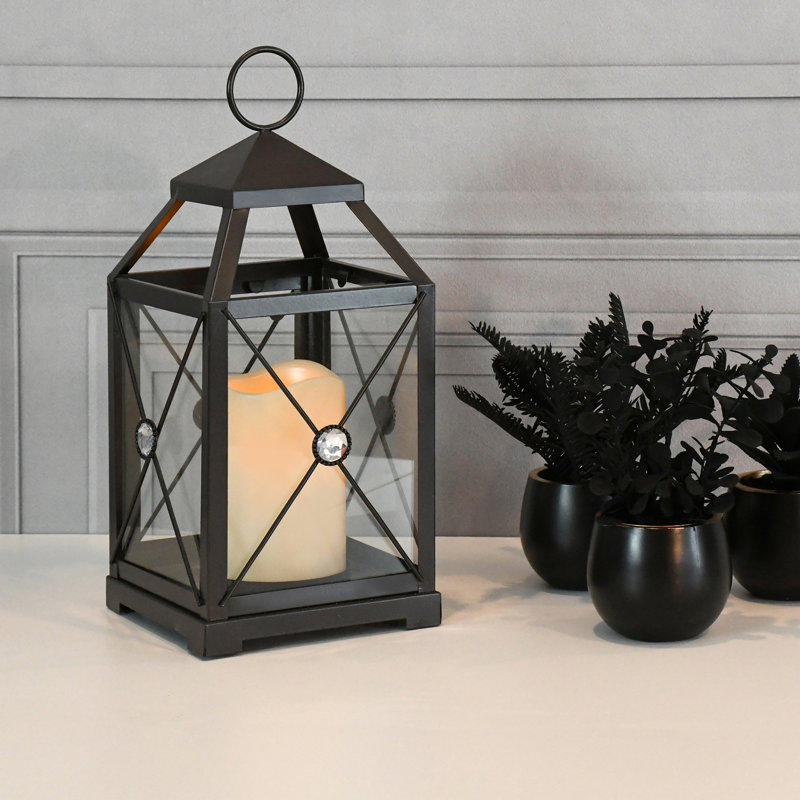 Black Gem Metal Lantern with Battery-Operated Candle