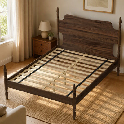 Queen Size Platform Bed Frame, Retro Spindle Four Poster Bed with Curved Tall Headboard, Walnut Wood, No Box Spring Needed