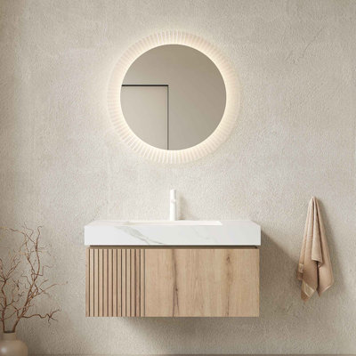 Meuble-lavabo 36 po, armoire de rangement en contreplaqué flottant avec tiroir et porte, comptoir en pierre frittée et lavabo en céramique avec 1 trou de robinet pré-percé, pré-assemblé