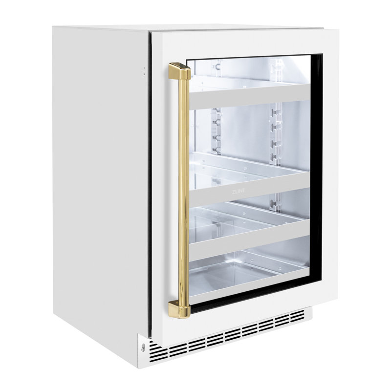 ZLINE Autograph Edition 24 in. Touchstone 151 Can Beverage Fridge with Glass Door and Handle, White Matte/Polished Gold