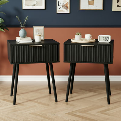 18.9" Black Relief Nightstand, Particleboard & MDF, Melamine & Vacuum Forming, 1 Drawer, High Leg (2 Pcs)