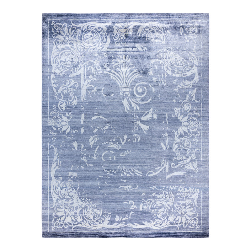 Tapis moderne noué à la main de conception unique - bleu, 9 pi 2 po x 12 pi 3 po Modern