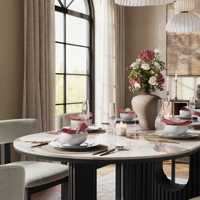 Mid-Century Modern Oval Dining Table For 8, Scratch-Resistant Glossy Sintered Stone Top & Walnut Fluted Pedestal Base, Easy-To-Clean Kitchen Table, Fluted Dining Table, Japandi Dining Table