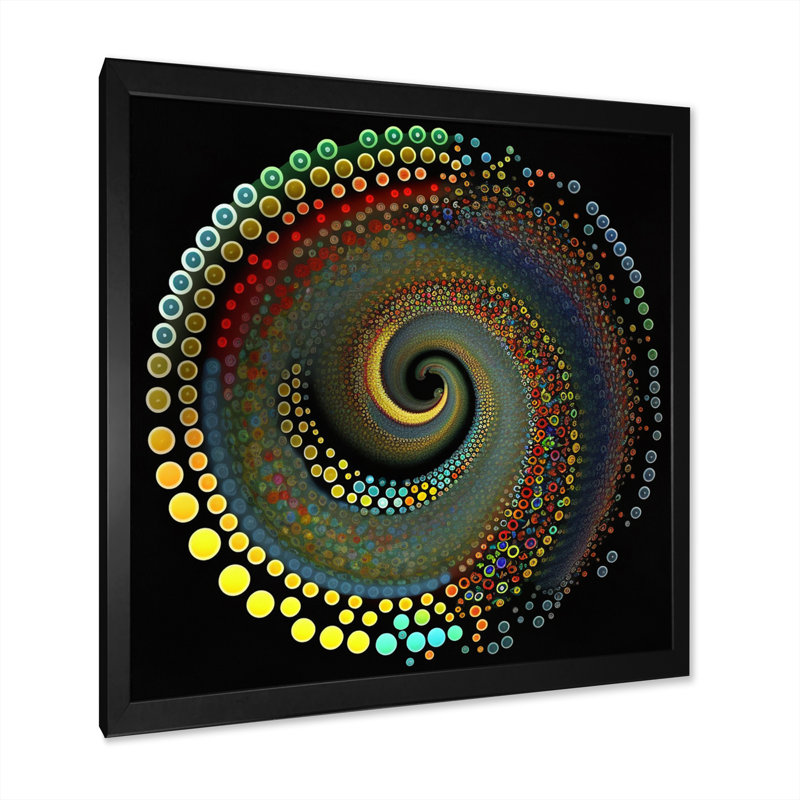 Iridiscdent pointillism spiral sur toile, H 16 po x l 16 po x P 1 po, Cadre simple noir
