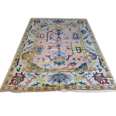 Tapis oriental rose Oushak coloré noué à la main 11 pi 10 po x 15 po 034FDAC774AE47869FCA8F37BE4B0212