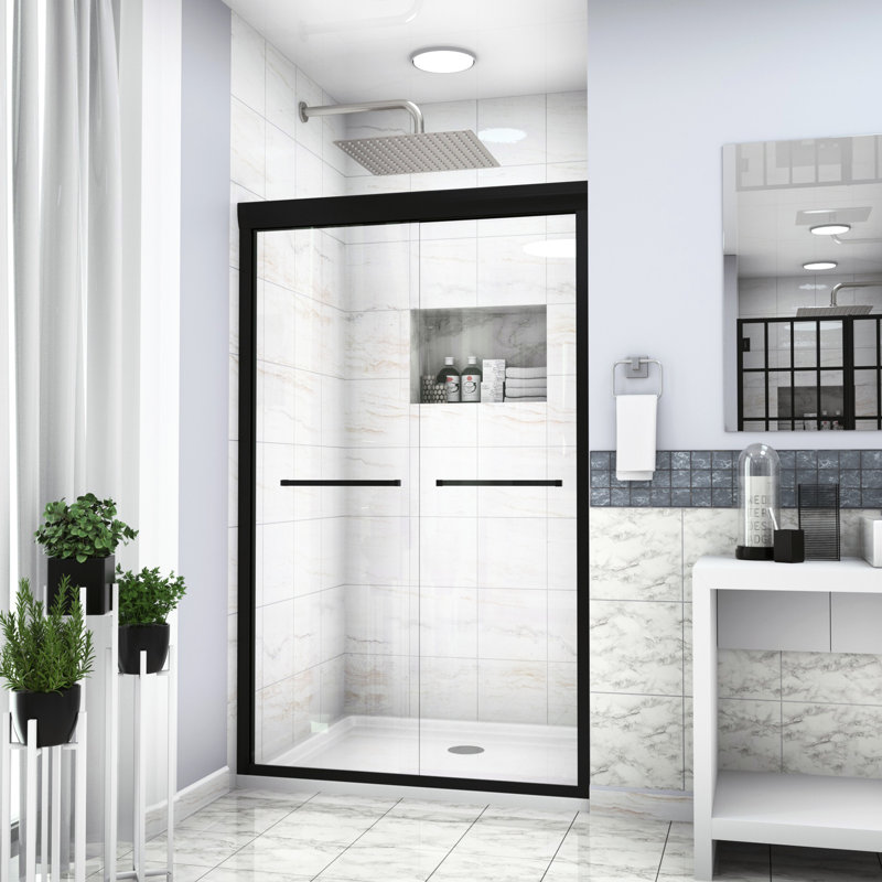 Cabine de douche noire matte de 48 po x H 76 po - Double porte coulissante moderne avec verre trempé transparent et quincaillerie pour rehausser le style de votre salle de bain
