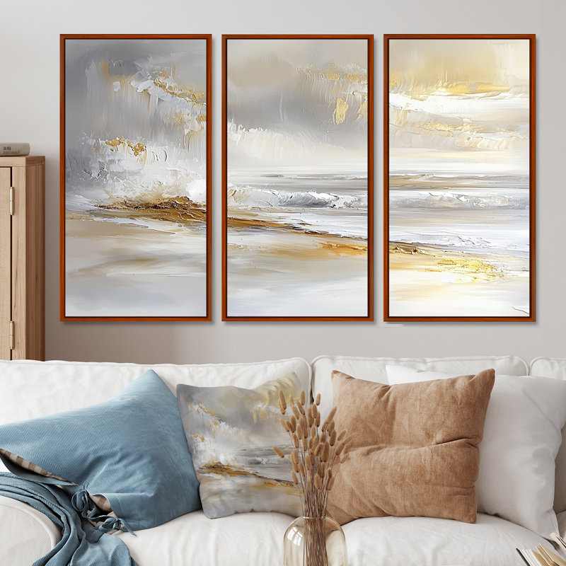 Minimalisme, plage dorée pure I, art mural plage, 3 panneaux, H 32 po x l 48 po, Impression encadrée sans passe-partout, Brun