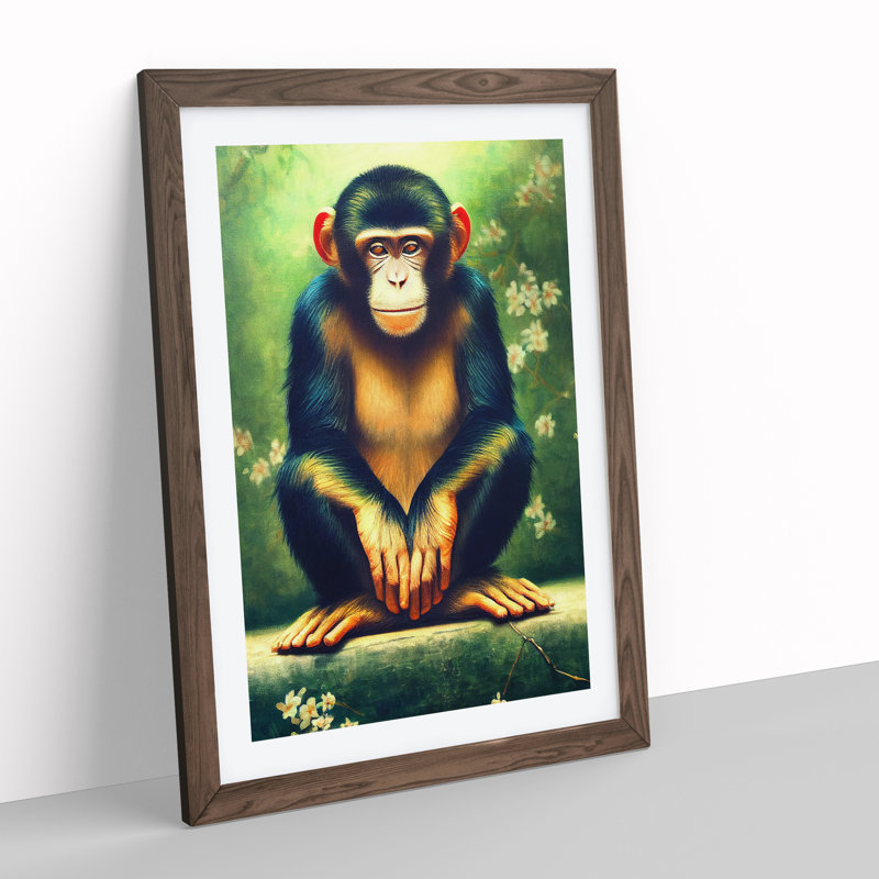 Resting Monkey - Wall Art, 36cm H x 27cm W, Walnut Framed, White
