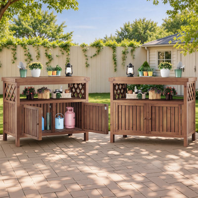 Outdoor Solid Fir Wood Potting Bench with Storage Cabinet, Walnut, Set of 2