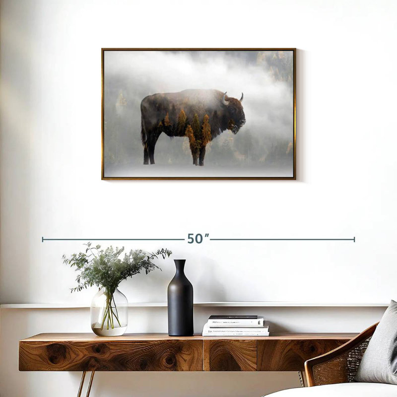 Bison de la forêt de pins, Cadre flottant doré, 31 po x 21 po