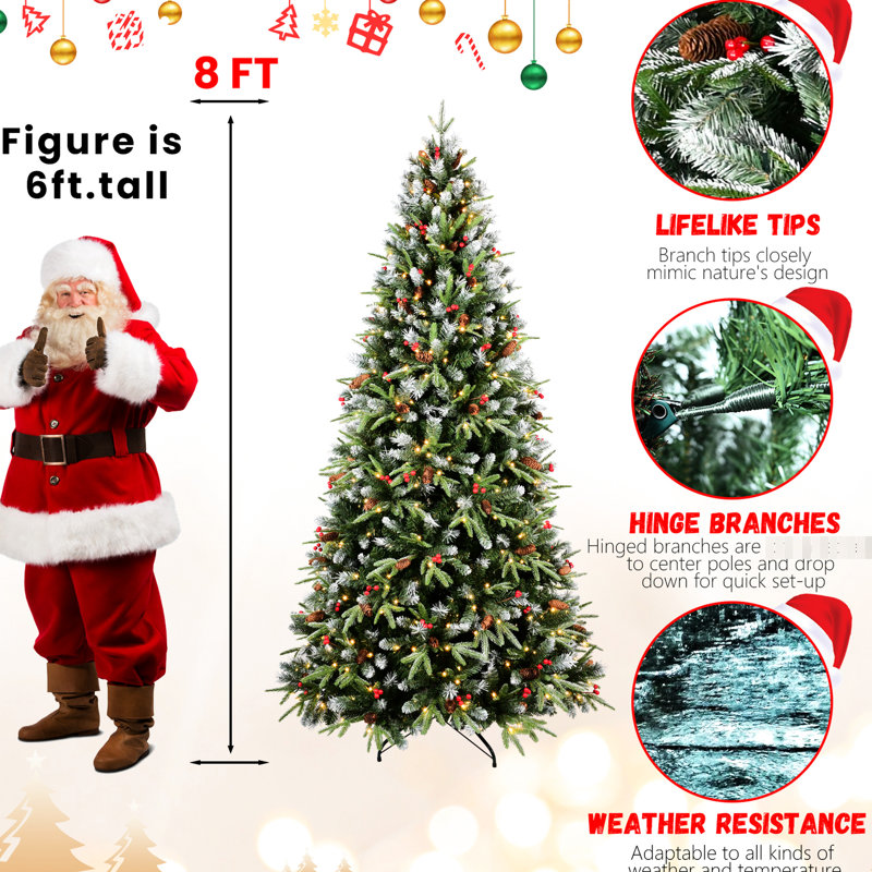 Arbre de Noël de 9 pi avec 750 lumières à DEL blanc chaud, 3750 branches Pe + à pointe enneigée, 111 baies rouges réalistes et pin, conception à charnières pour les fêtes de Noël