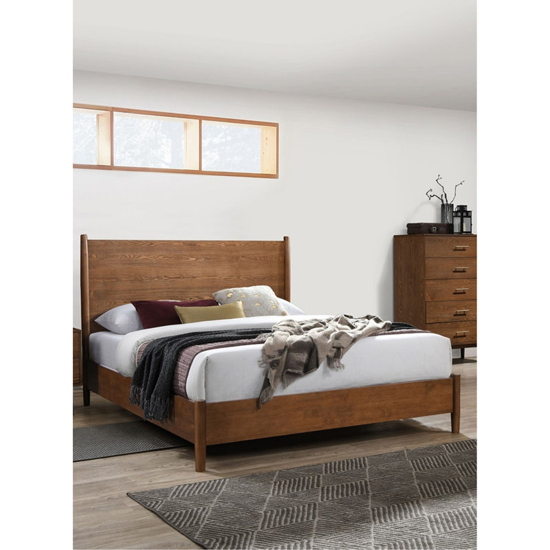 Panel Headboard Eastern King Size Bed Solid Wood 1Pc Bedframe Mattress Ready Mid-Century Modern Style, King