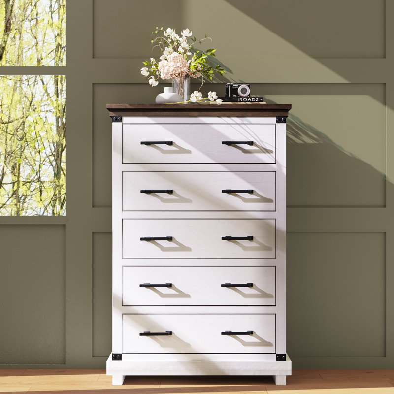 Becklynn Farmhouse 5 - Drawers Dresser Organizer, Rustic Tall Chest of Drawers for Bedroom, White