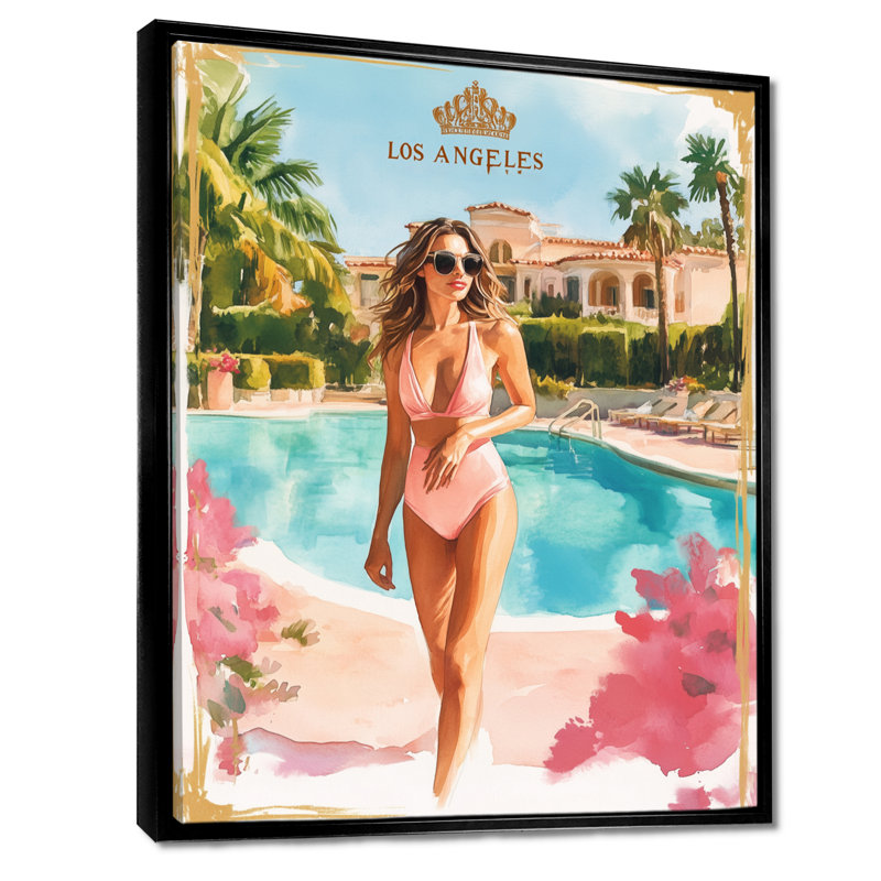 Los Angeles au bord de la piscine - Tableau encadré tendance, H 44 po x l 34 po, Cadre flottant noir