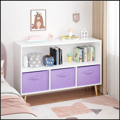 Kids Bookcase With Collapsible Fabric Drawers, Children's Book Display And Toy Storage Organizer, White/Purple