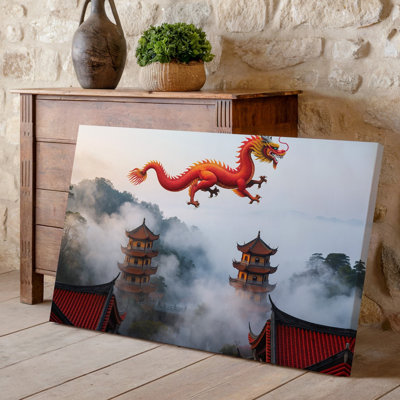 Reproduction d'art mural, "Un majestueux dragon rouge s'envole à travers un ciel brumeux"