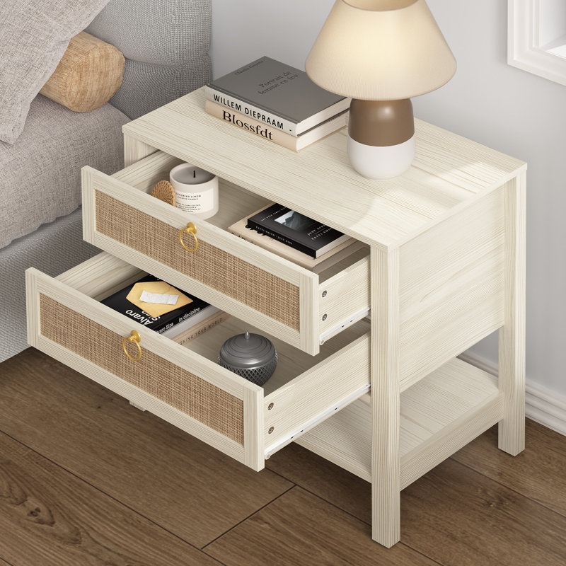 Pomodoro Rattan Nightstand With 2-Drawer And 1 Open Shelf, White