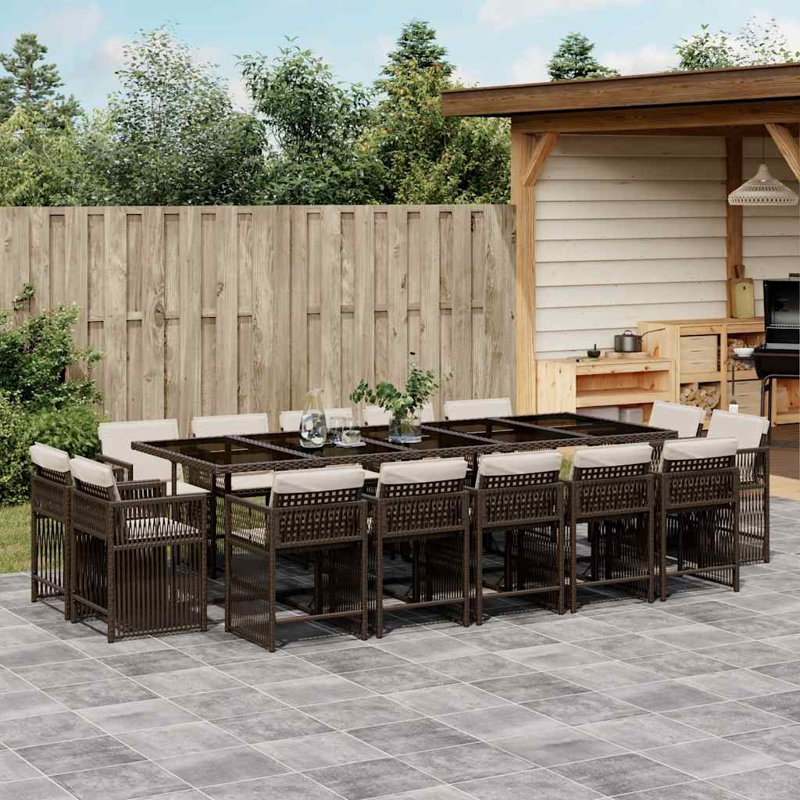 15 Piece Garden Dining Set with Cushions Poly Rattan, 15 Pieces: Table, 14 Chairs, Cream White, Brown