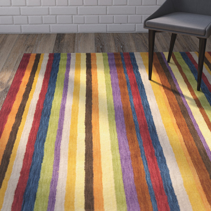 Tapis jaune en laine rayé fait à la main Frann, Rectangle 8 pi 9 po x 12 pi