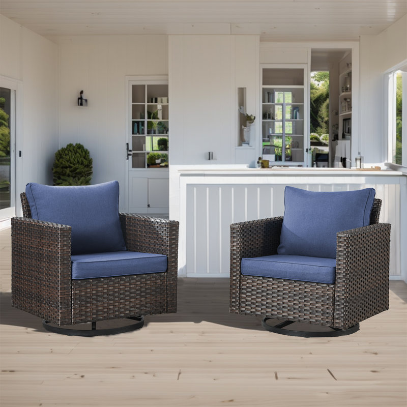 Chaises pivotantes pivotantes en osier avec coussins en oléfine Naresa, Bleu, Brun