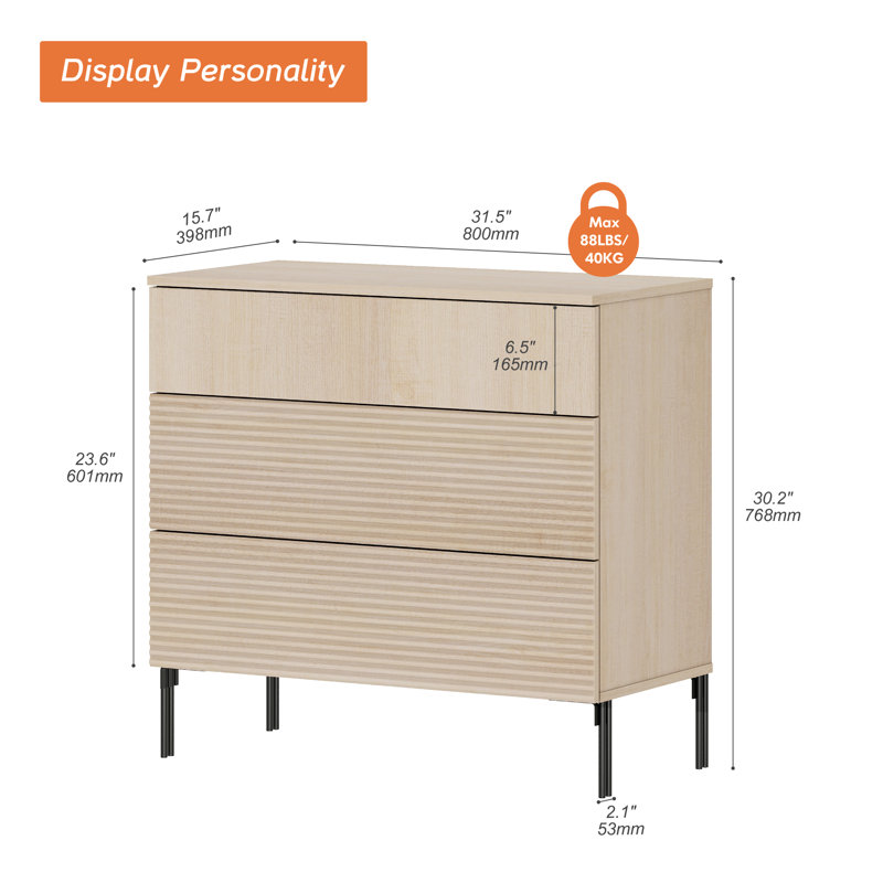 Union Rustic Reeded Baby Dresser With 3 Drawers, Wooden Kids Dressers With Wide Chest Of Drawers, Modern Small Dressers For Bedroom, Nursery, Hallway