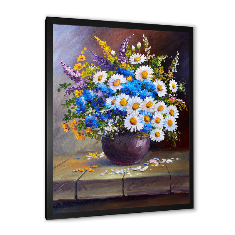 Pot de fleurs marguerites bleues et blanches - Peinture, H 20 po x l 12 po, Cadre photo noir