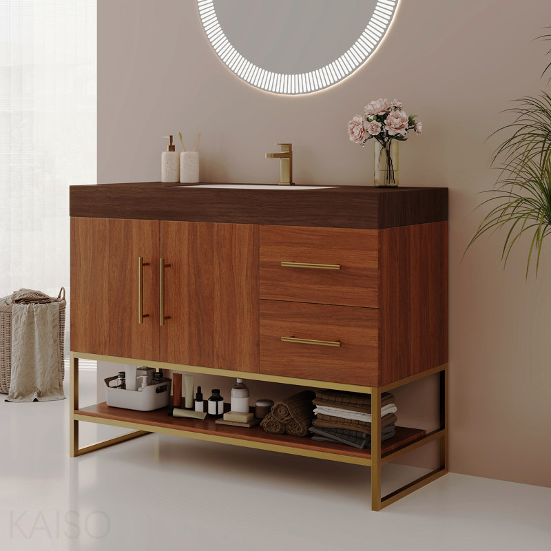 Meuble-lavabo moderne 36 po avec lavabo en céramique sans couture et armoire autoportante dorée