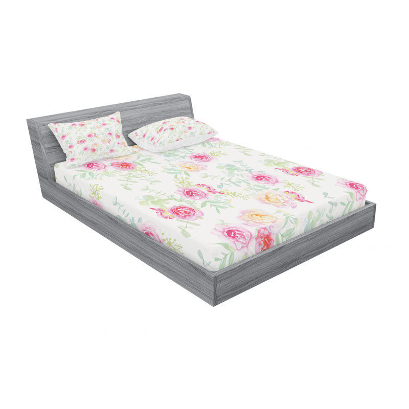 Microfiber Sheet Set, Queen Sheet Set with 2 Pillowcases, Pink/Green/White Floral 1