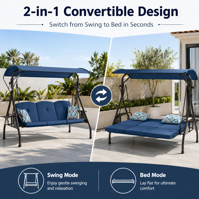  Balancelle de patio 3 places avec auvent, balancelle de véranda convertible avec support, capacité de 800 lb, baldaquin réglable, porte-gobelets, oreiller et coussins pour le patio, près de la piscine, bleu