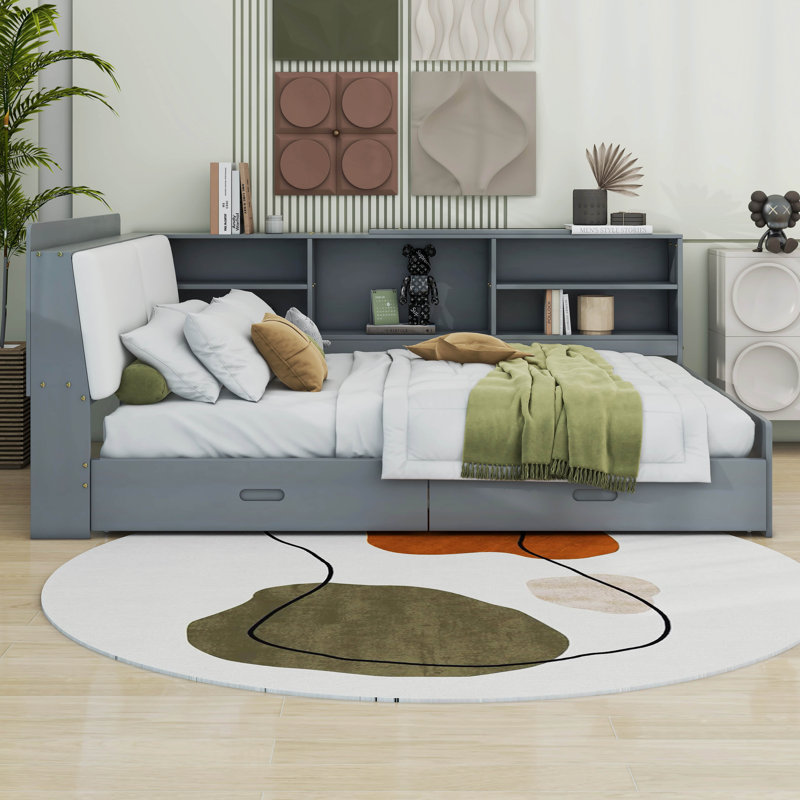 Full Size Platform Bed Daybed With L-Shaped Storage Shelves And Upholstered Headboard, 2 Drawers And Rotatable Storage Board