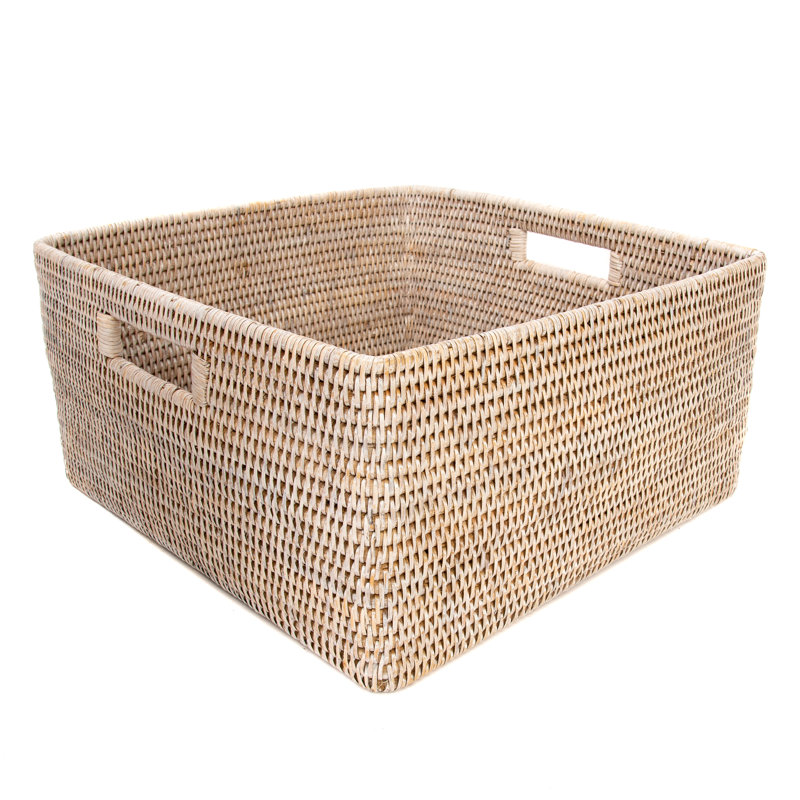 Panier en rotin tissé à la main avec poignées, Blanc délavé