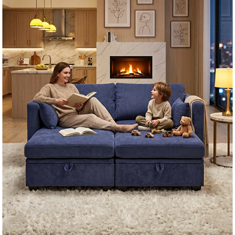 Canapé modulaire 2 places avec sièges de rangement et repose-pieds, Bleu marine