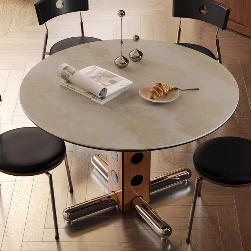 Beige-blanc + brun noisette + argent rond + pierre frittée + bois massif + bois manufacturé + table de salle à manger en acier inoxydable