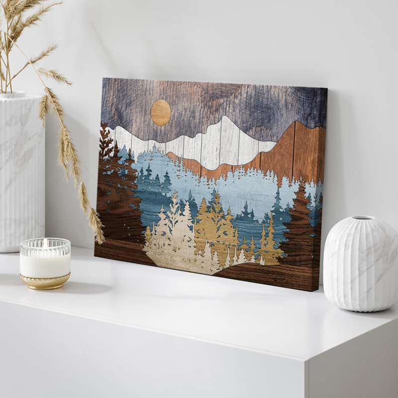 «Western Wood Effect Landscape Abstract Mountain Farmhouse Cabin», impression sur toile encadrée, Toile tendue