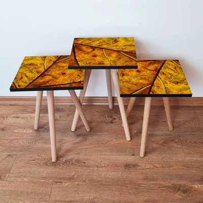 Stylish 3-Piece Nesting Table Set, Yellow  Brown, MDF with Beech Wood Legs | Bigger Table: 13.8 x 20.5 x 13.8 in, Medium: 13.8 x 18.5 x 13.8 in, Smal