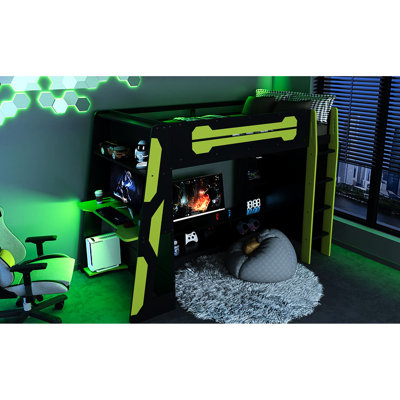 Twin Size Loft Bed With Integrated , Desk And Multi - Storage Shelves, Themed For Work Gaming, Under Console Tv Storage Zone Style Area Gaming Console, Smooth Switch Between